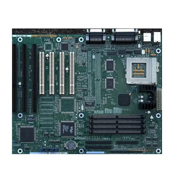 Green ATX motherboard with Socket 7 processor slot, four SIMM memory slots, three PCI and two ISA expansion slots