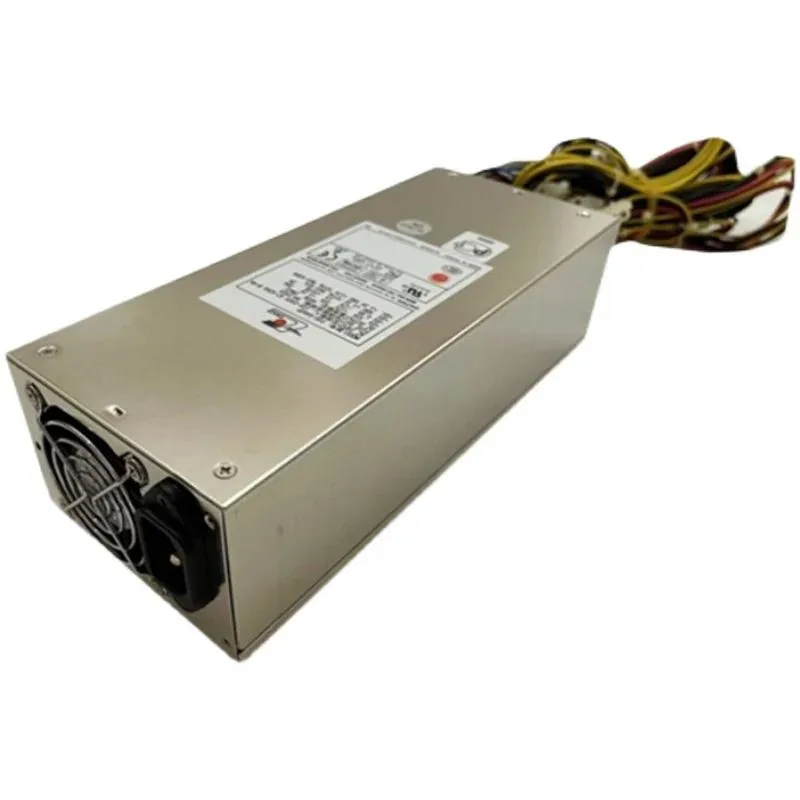 Silver rectangular 2U server power supply unit with rear fan grille and model label