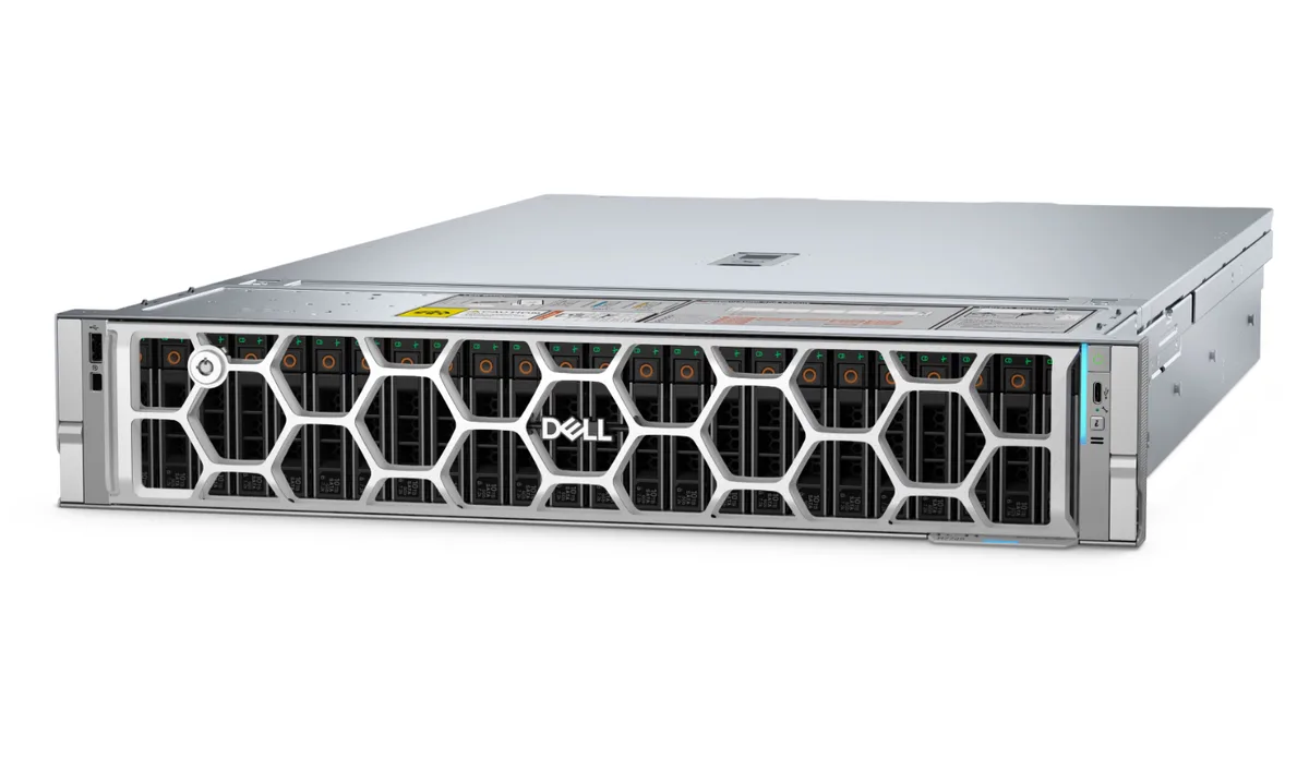 Silver rectangular 2U rack server chassis with front drive bays and Dell badge