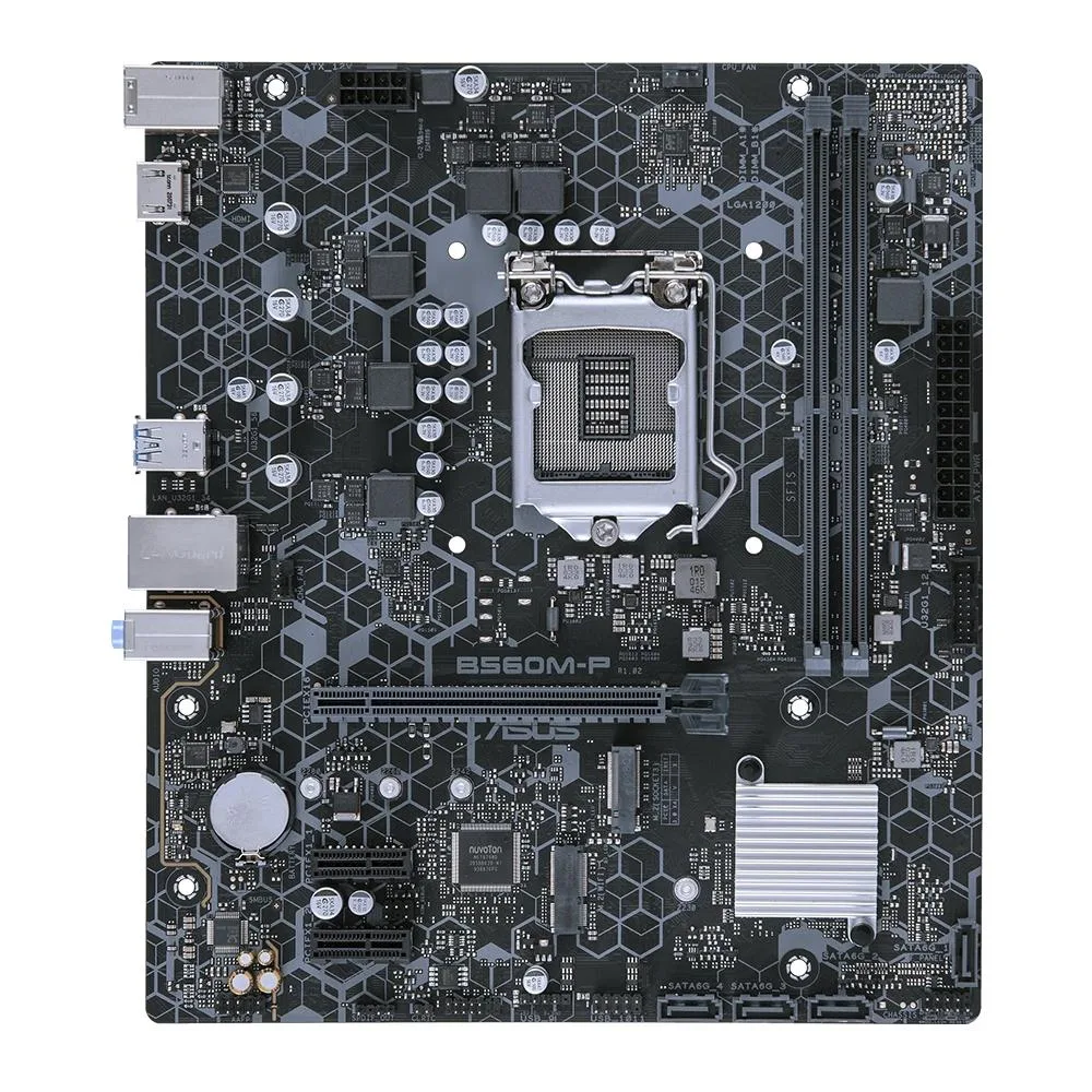 ASUS B560M-P Micro ATX motherboard dark PCB silver heatsinks LGA 1200 socket DDR4 slots SATA ports I/O shield