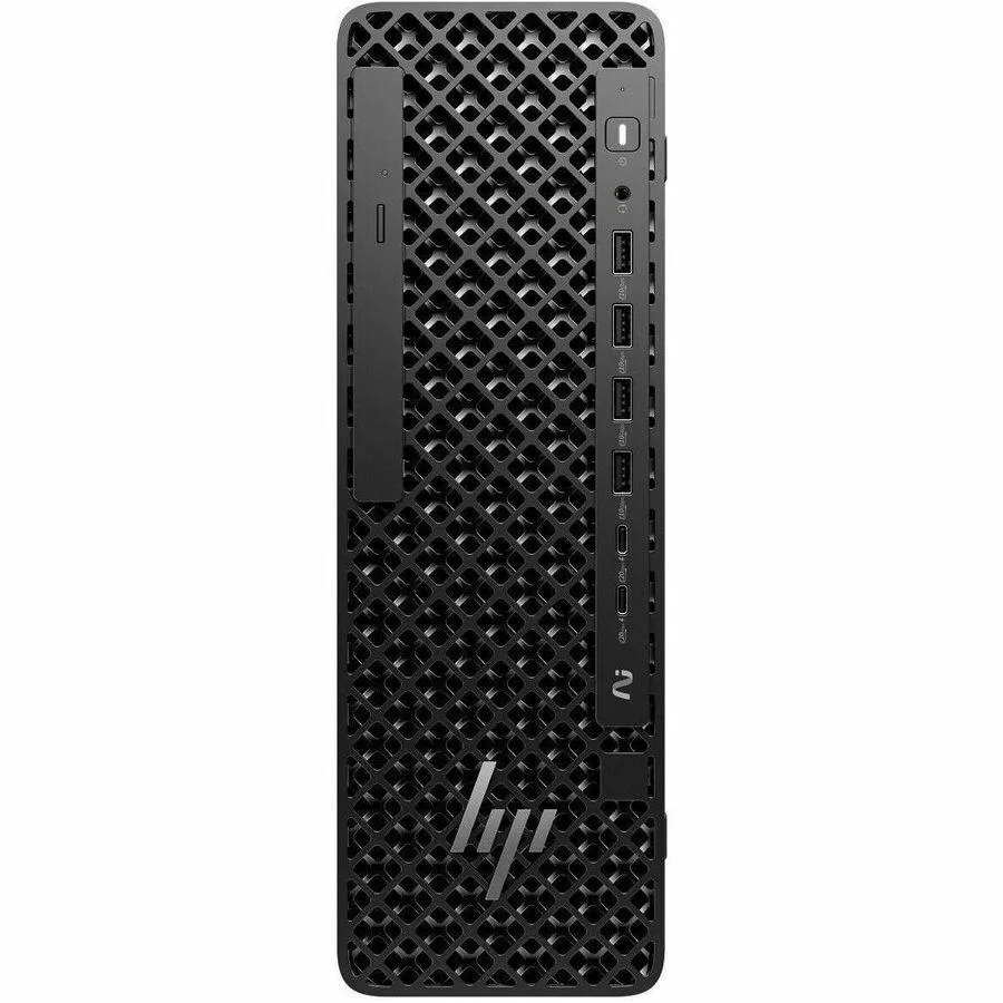 Black small form factor desktop tower with wired keyboard and mouse
