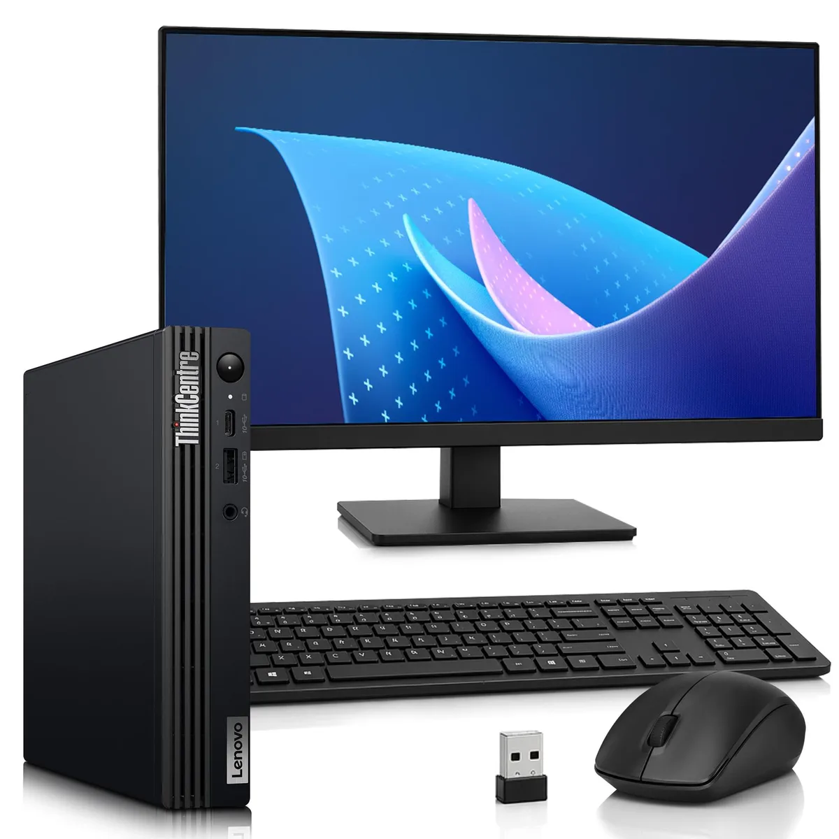 Tiny Lenovo desktop with 24 inch monitor, keyboard and mouse