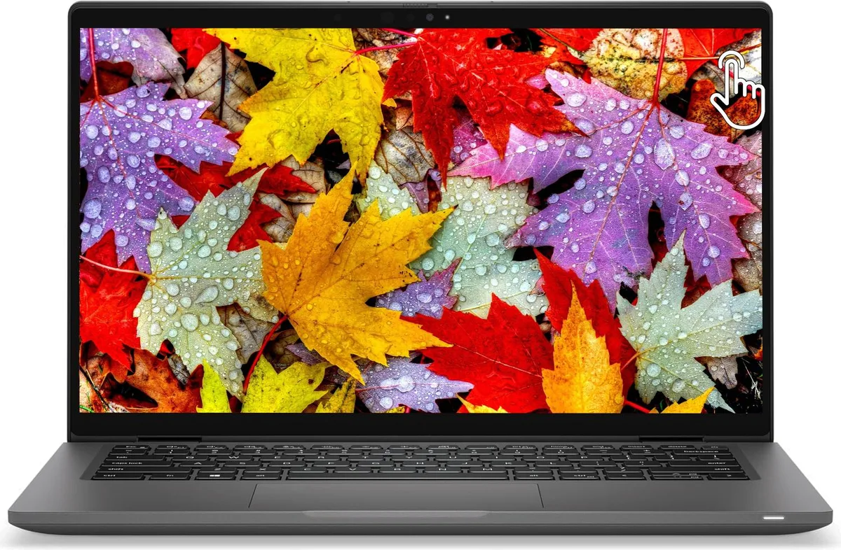 Silver 14-inch touchscreen laptop, thin bezels, open lid showing keyboard and trackpad