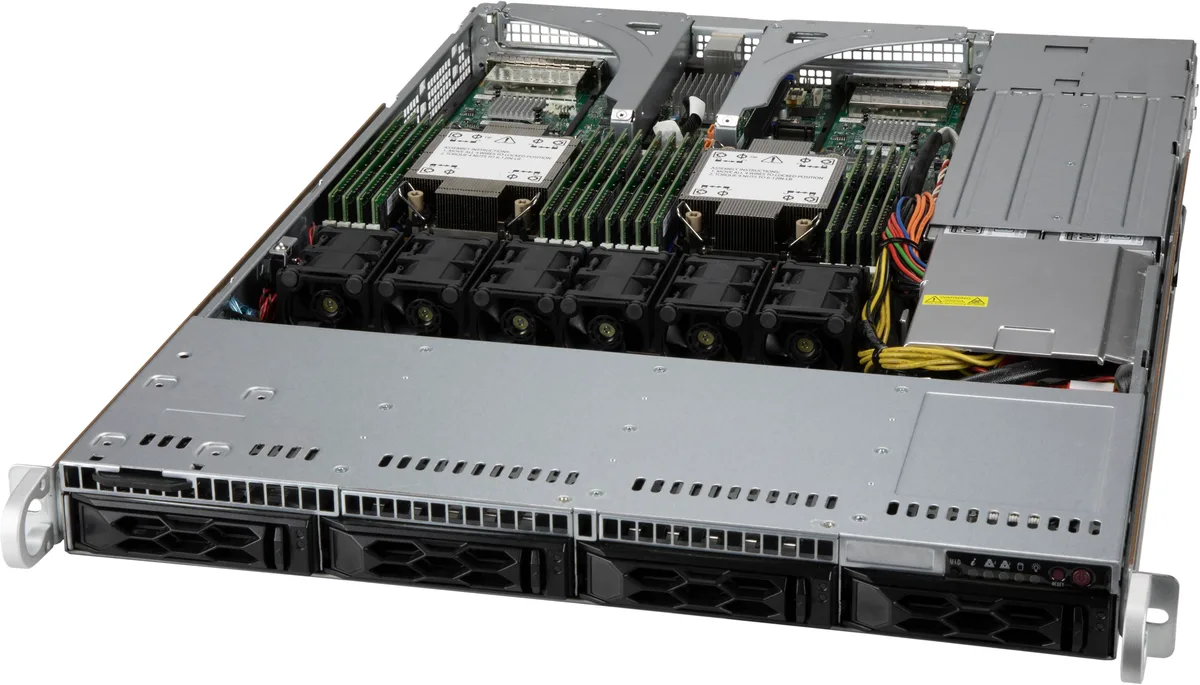 Silver rack-mount server chassis with front drive bays