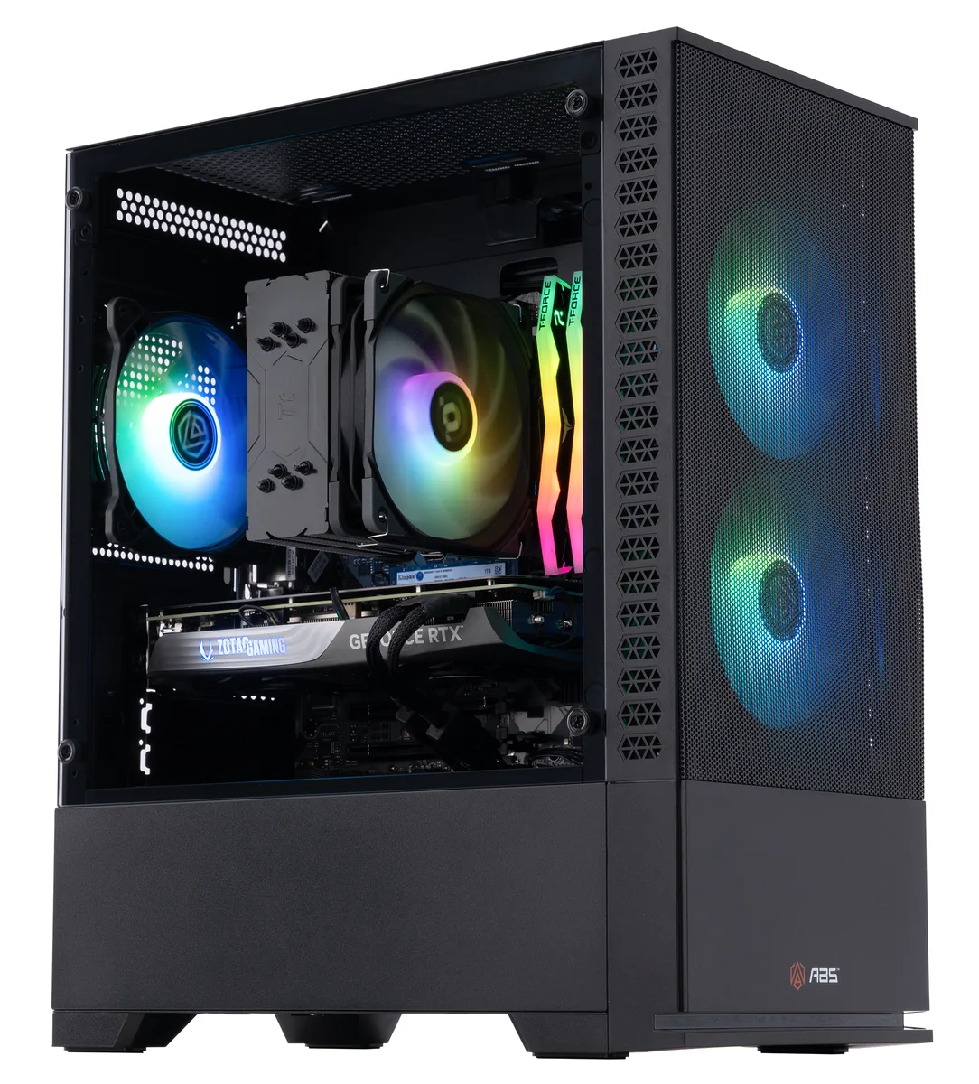 Black mATX tower with RGB memory and ARGB cooler visible through side panel