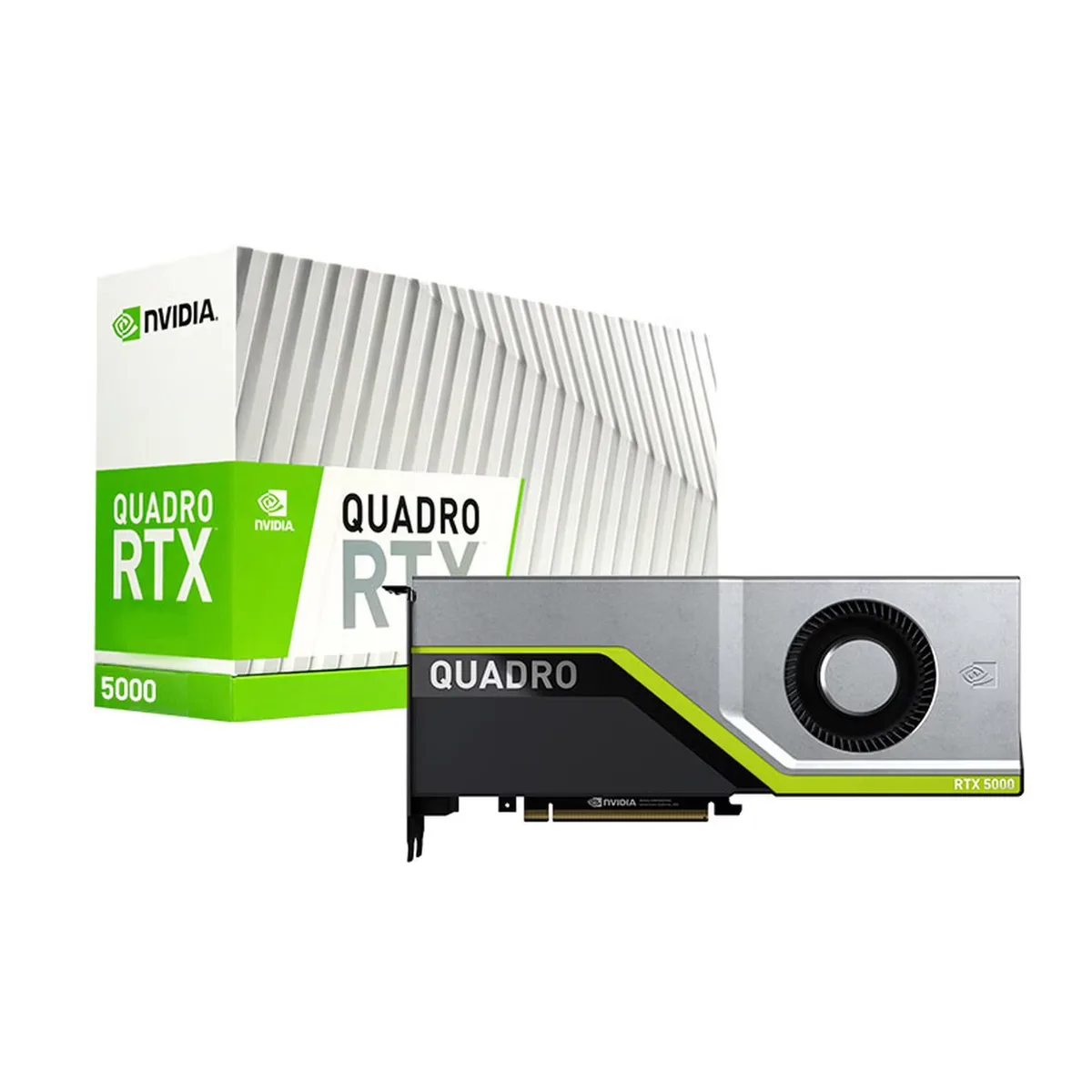 Dual-slot graphics card with silver shroud and black backplate, four DisplayPort and one VirtualLink port visible