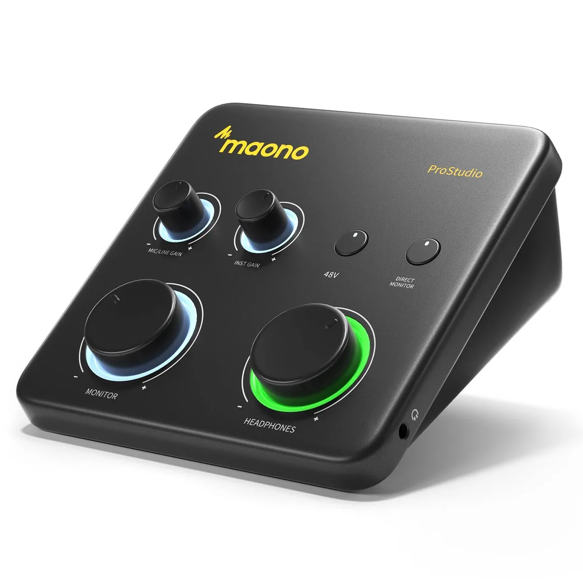 Black rectangular USB audio interface with front knobs and ports