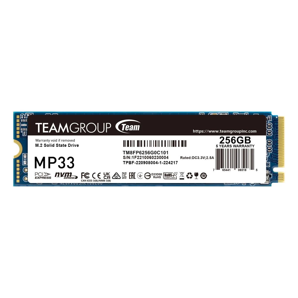 Green circuit board M.2 2280 SSD with black label showing MP33 256GB