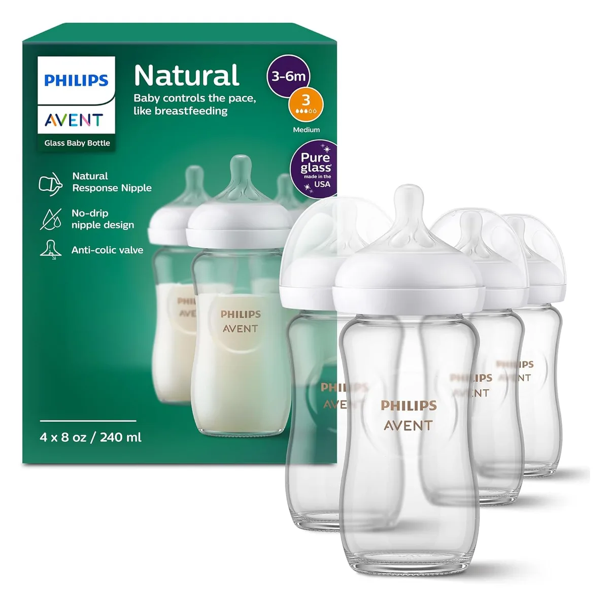 Avent Avent SCY913/04 4 8oz glass bottles flow 3 nipples bottle feeding — product photo