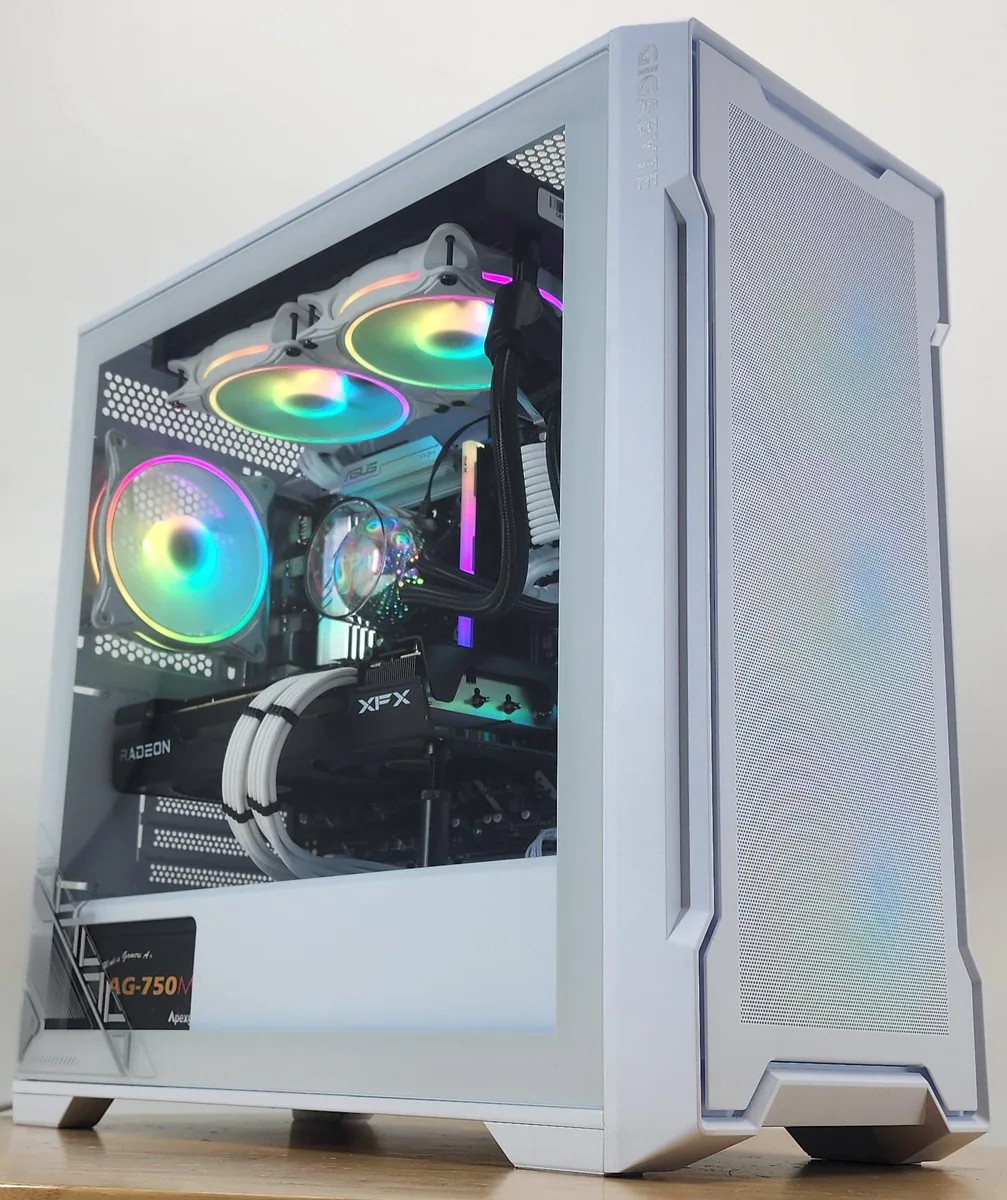 Mid-tower PC in white Gigabyte case with 240mm AIO visible through glass panel