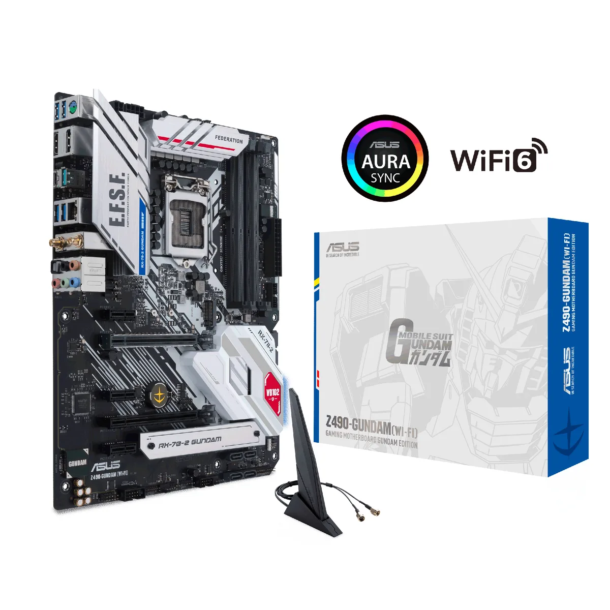 ATX motherboard white grey Gundam RX-78-2 themed heatsinks RGB lighting