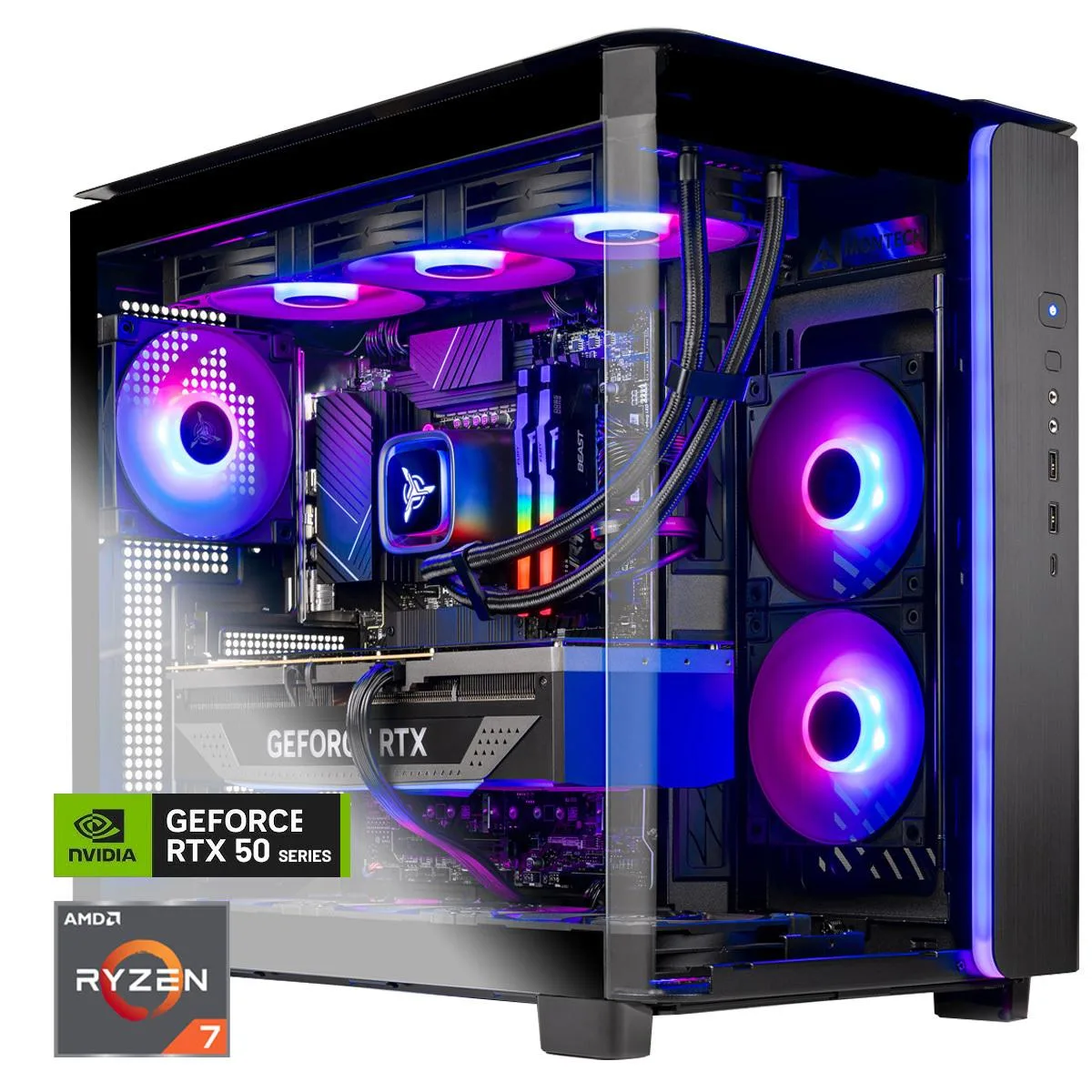 Black mid-tower gaming PC with curved tempered glass side panel, ARGB liquid cooling visible inside
