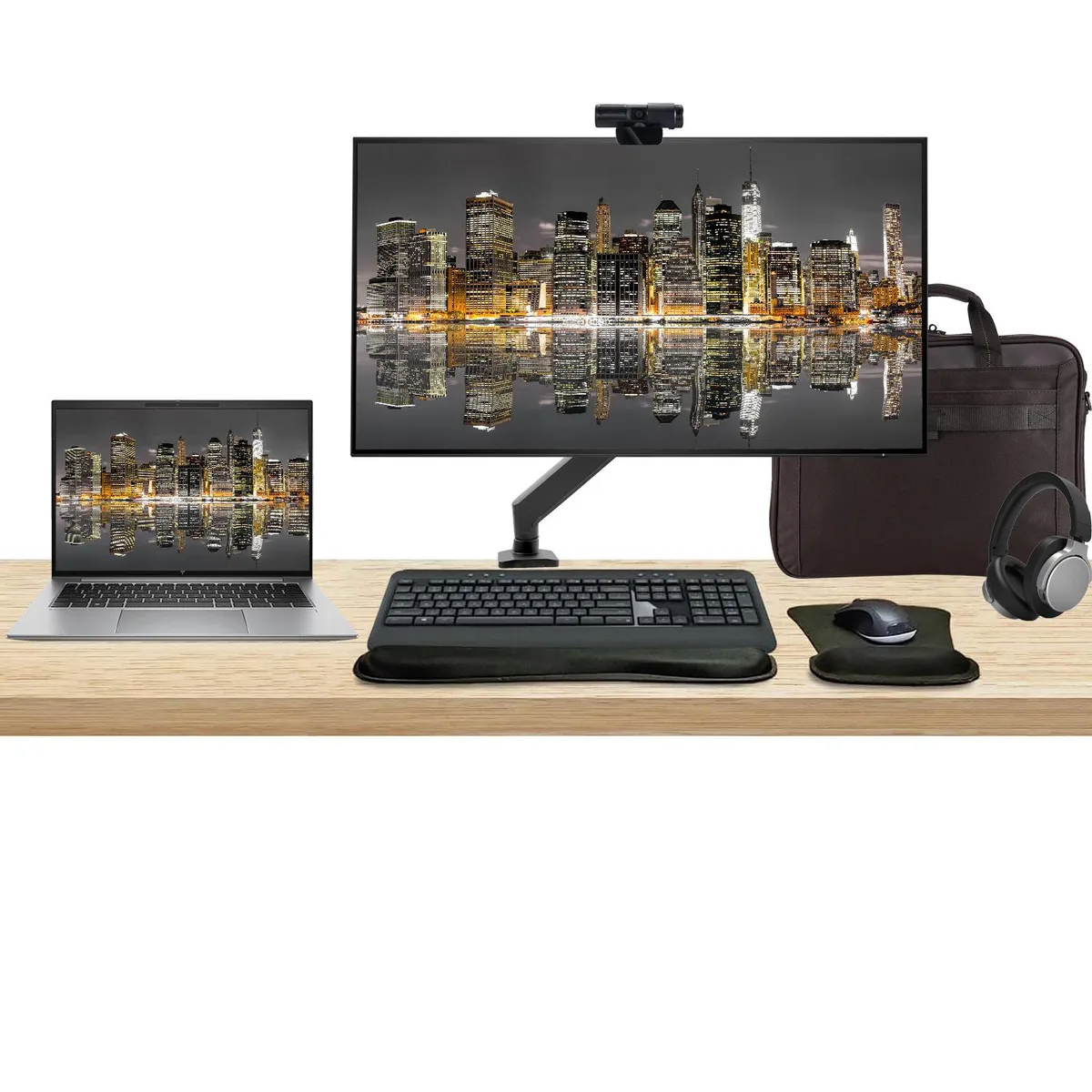 HP ZBook Firefly 14 inch laptop with 32 inch 4K monitor, wireless keyboard, mouse, webcam, headphones and briefcase