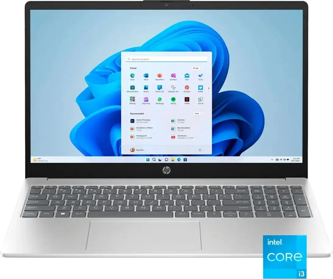 Silver 15.6 inch touchscreen laptop with flat keyboard deck and narrow bezels