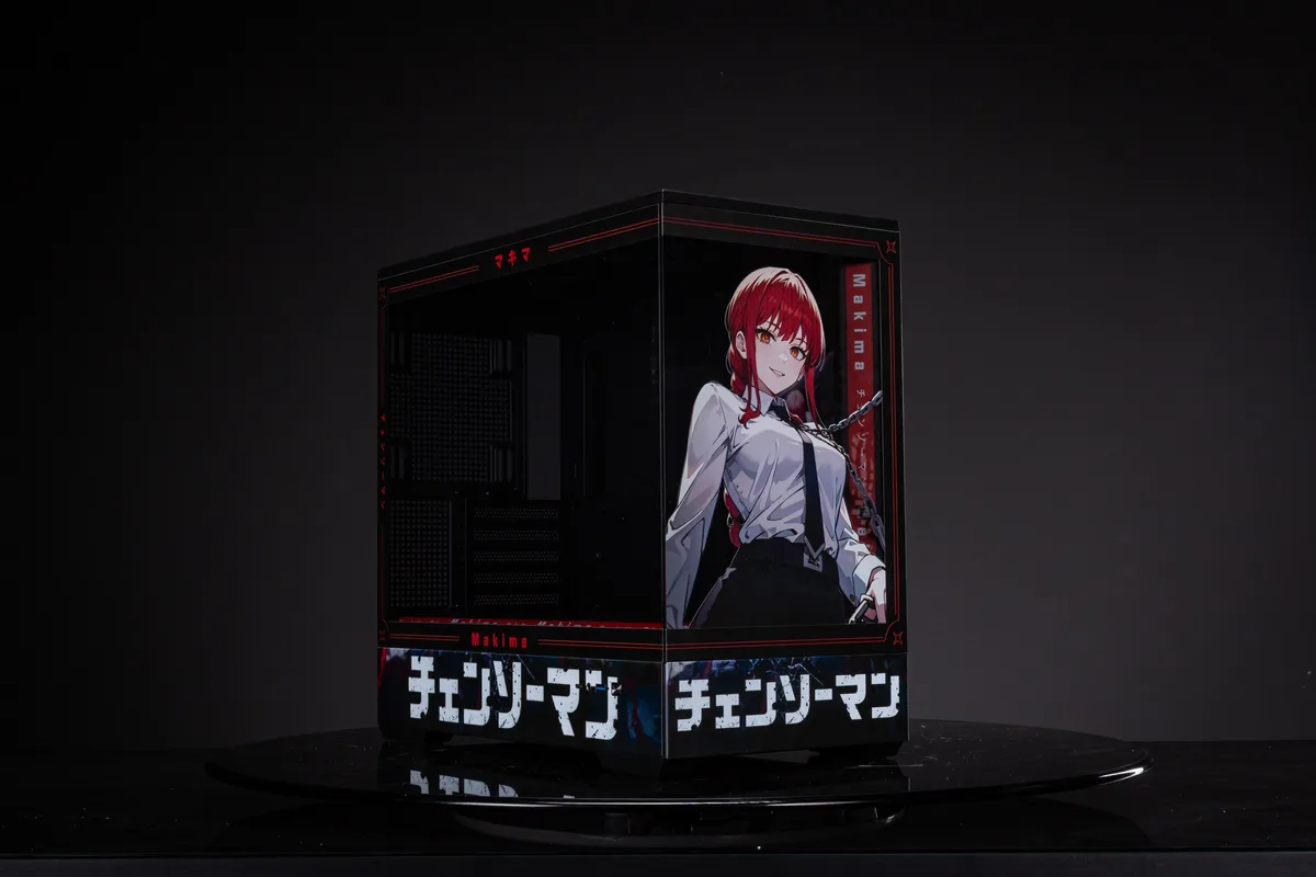 Micro-ATX PC case with Chainsaw Man Makima artwork on six sides and two light panels