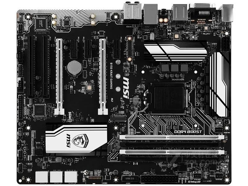 Black ATX motherboard with white and silver accents, LGA 1151 socket, DDR4 slots, PCIe and PCI slots, SATA ports, rear I/O panel
