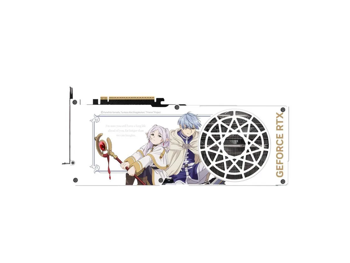 White triple-fan graphics card with Frieren edition artwork on the backplate