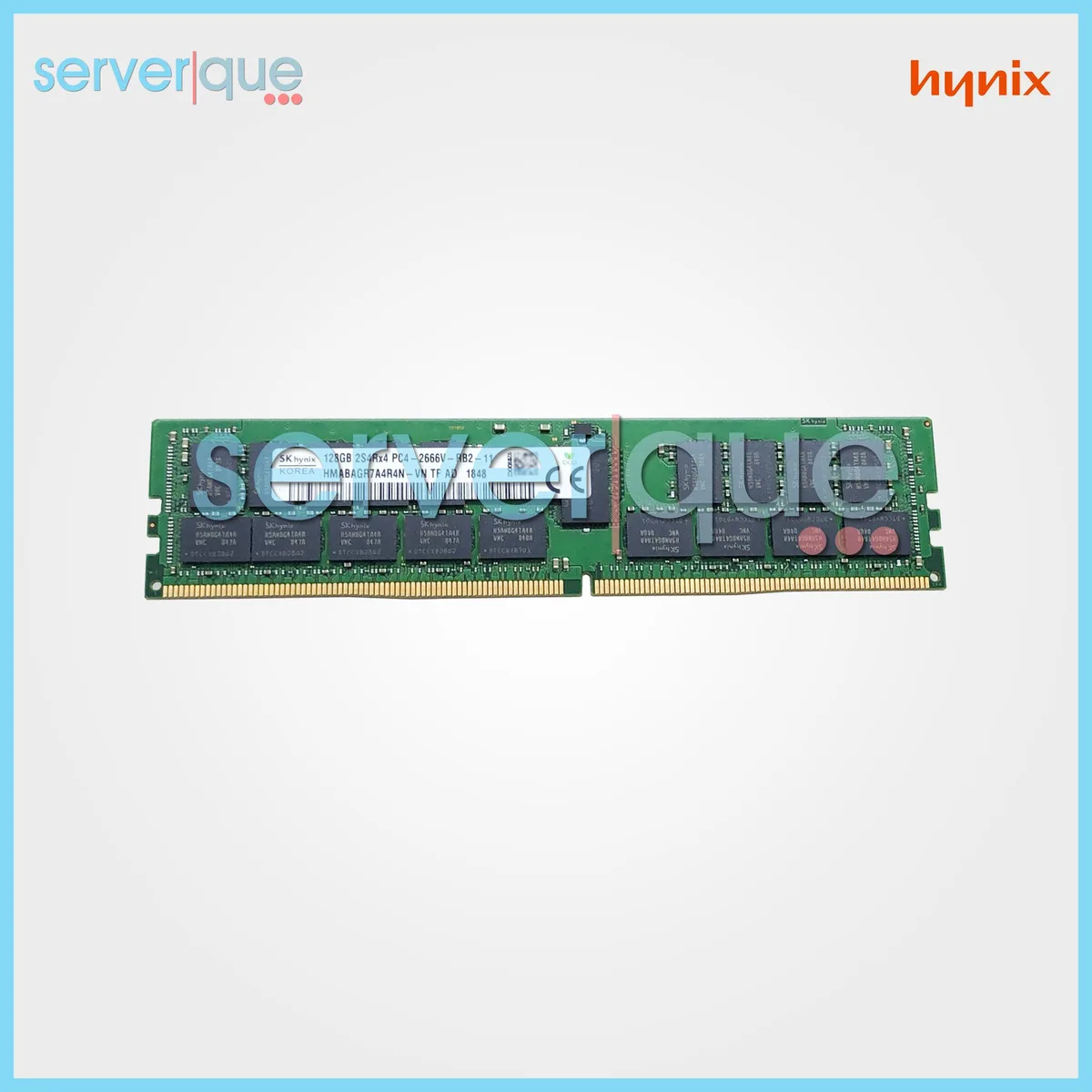 Green circuit board with black memory chips and gold edge connectors