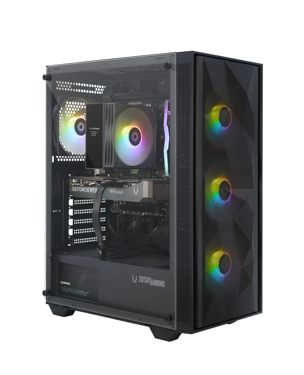 Black mid-tower gaming desktop with tempered glass side panel and RGB lighting visible inside