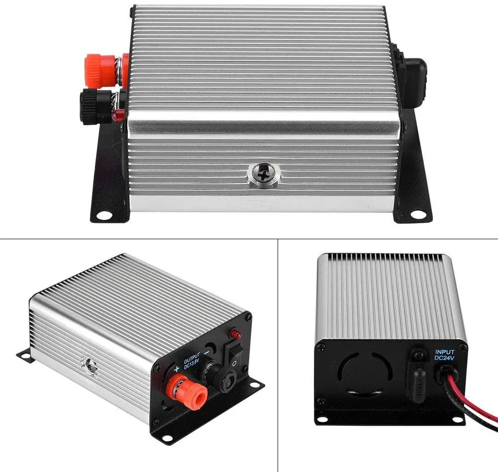 Silver metal rectangular power supply unit with screw terminals and ventilation slots