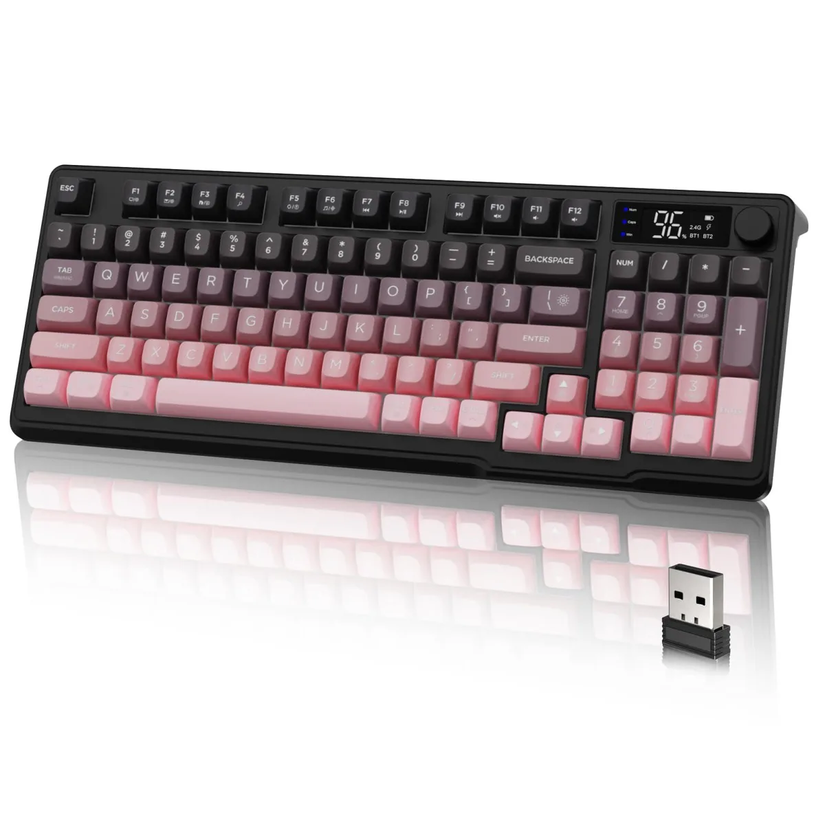 Black compact 94-key wireless keyboard with RGB backlighting, smart display and rotary knob