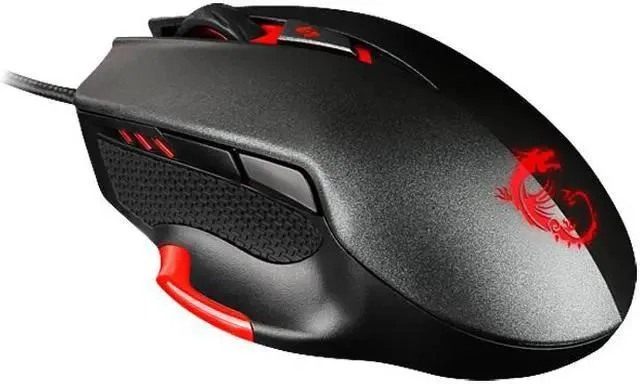 Black right-handed wired laser gaming mouse with rubber side grips, braided cable and RGB dragon logo