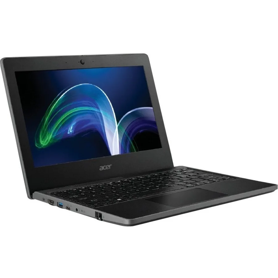 Black compact 11.6 inch laptop closed on a plain surface