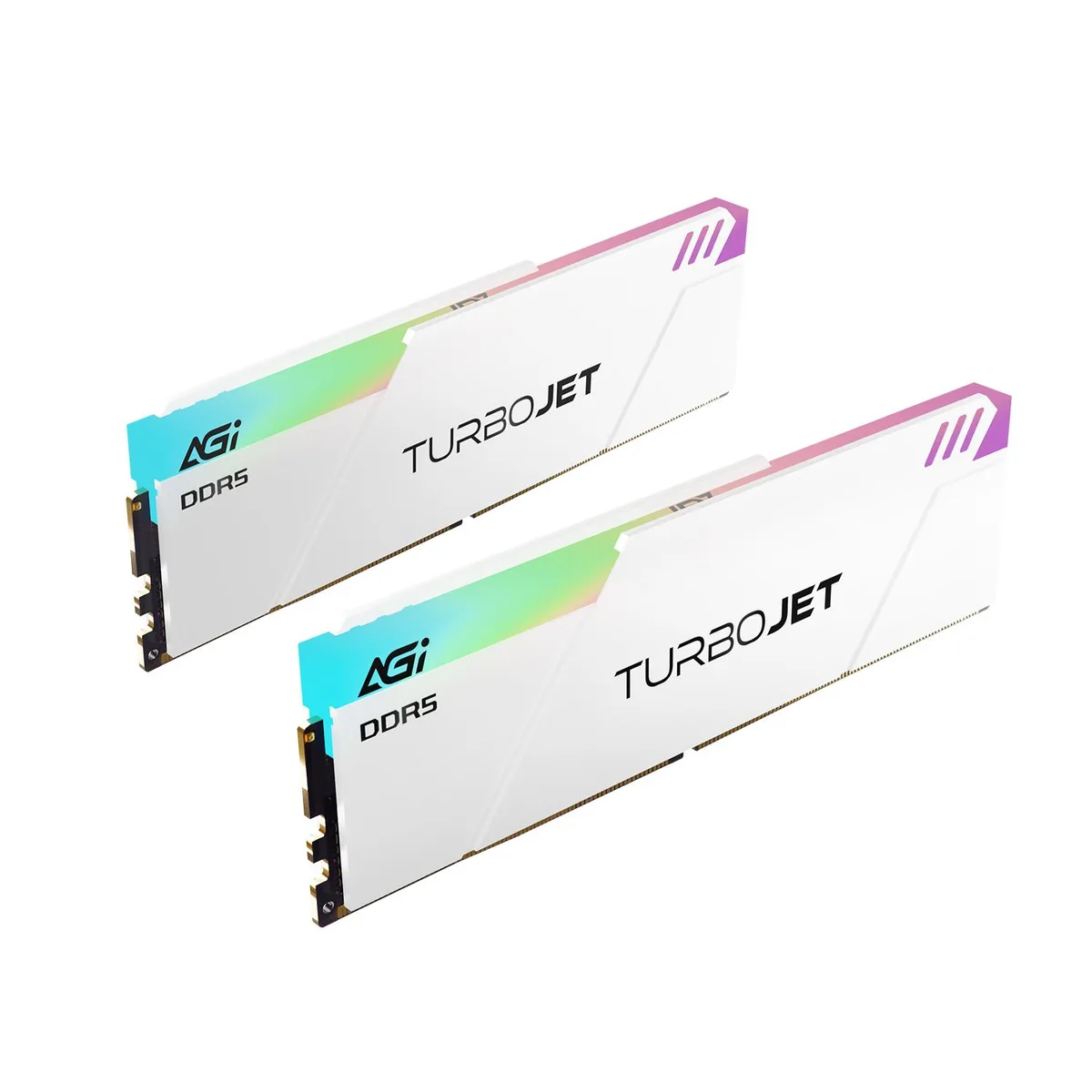 Two white DDR5 modules with RGB lighting and heat spreaders