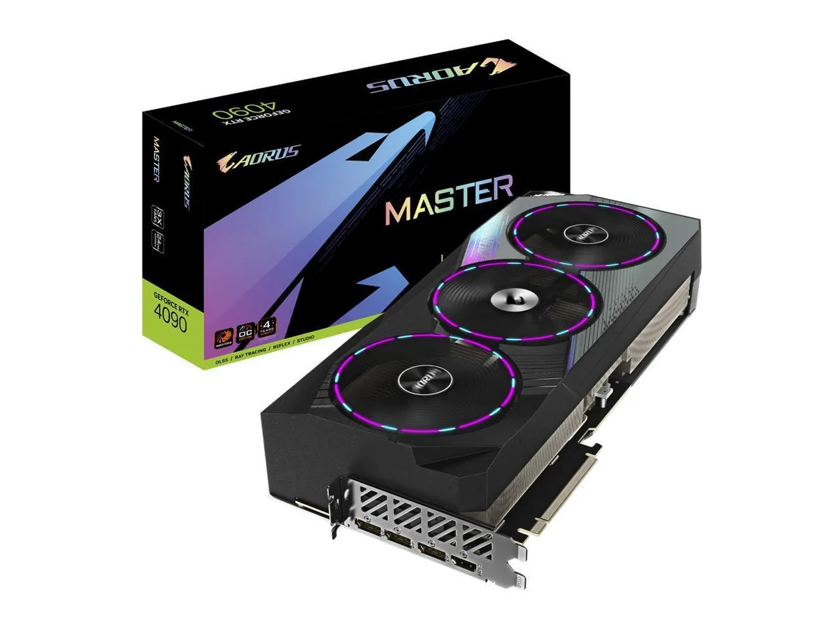 GIGABYTE AORUS RTX 4090 graphics card with triple-fan cooler, 24GB GDDR6X, 16-pin power connector