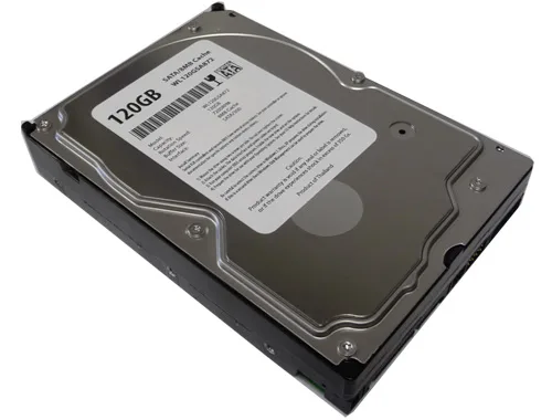 Silver 3.5 inch bare SATA hard drive with circuit board visible