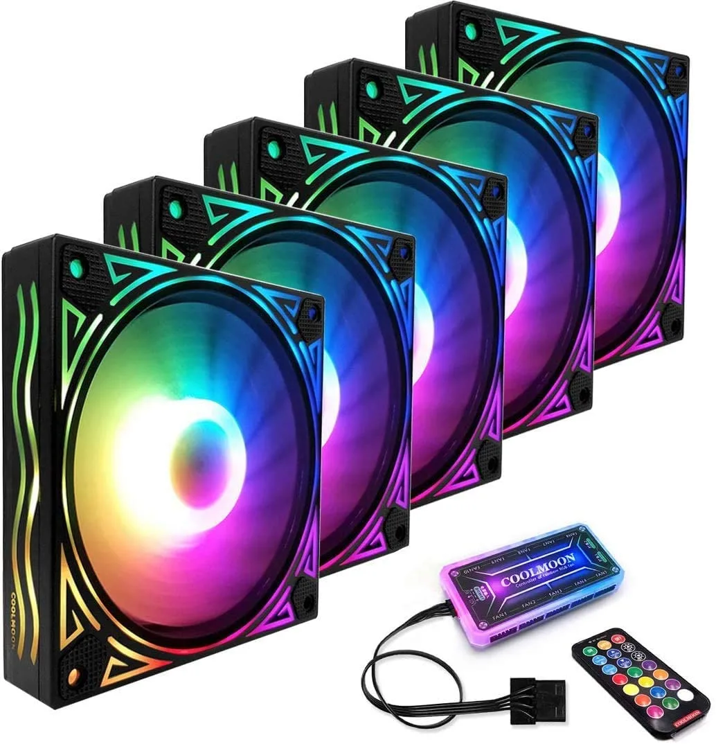 PENGQIAO PENGQIAO 5×120 mm RGB case fan kit hydraulic 1200 RPM 37.8 cfm 25 dBA 6-pin controller IR remote — foto produk