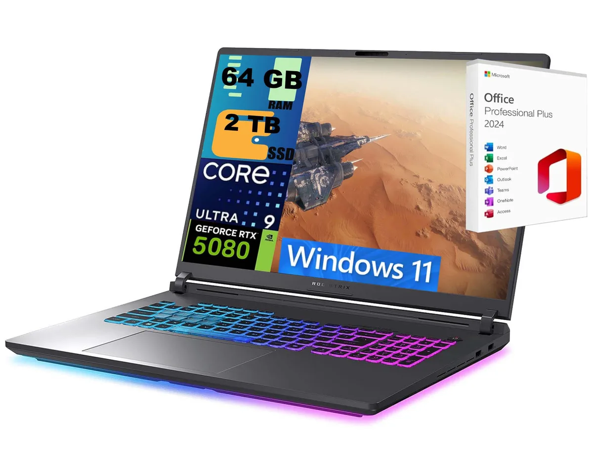 Black 18-inch gaming laptop with Mini LED screen and per-key RGB keyboard