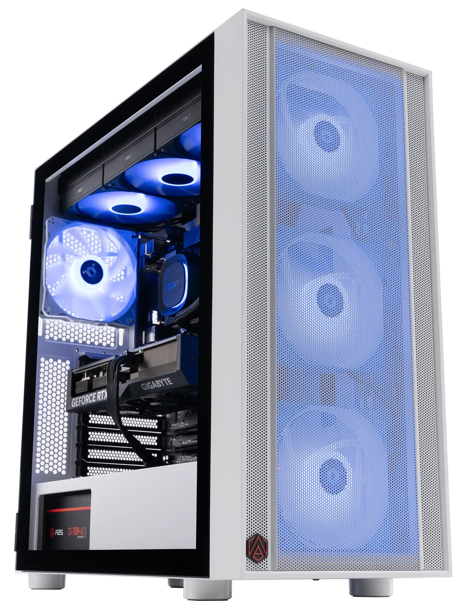 White tower gaming PC with RGB liquid cooler visible through glass side panel