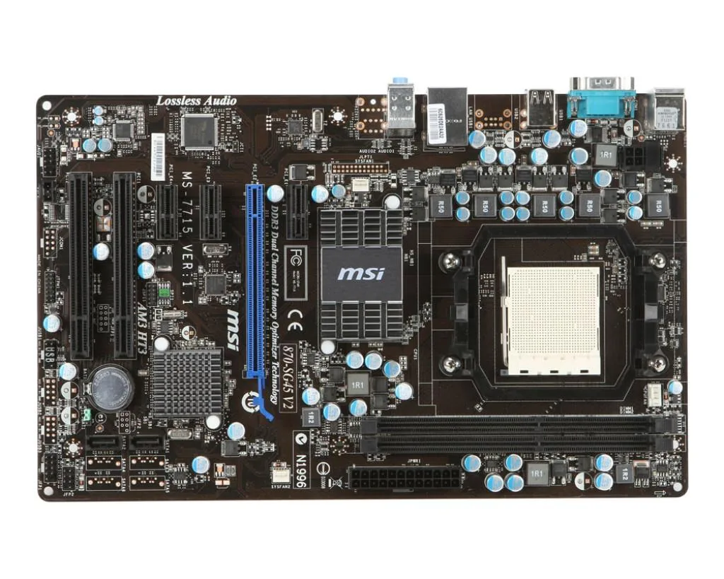 Rectangular ATX motherboard with black PCB, silver heatsinks and blue expansion slots
