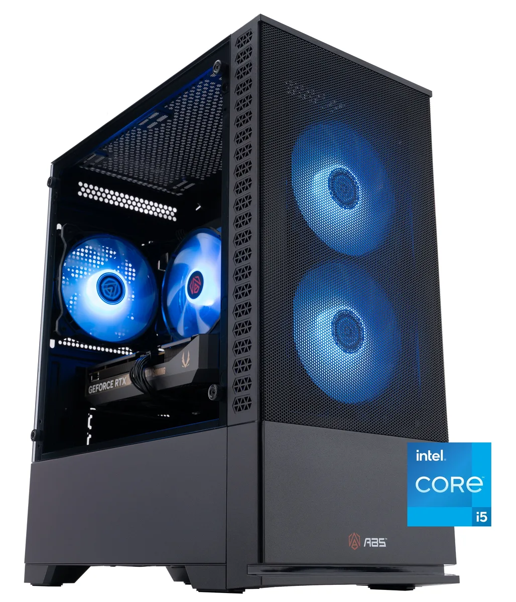 Black mid-tower gaming desktop with ARGB CPU cooler visible through side panel