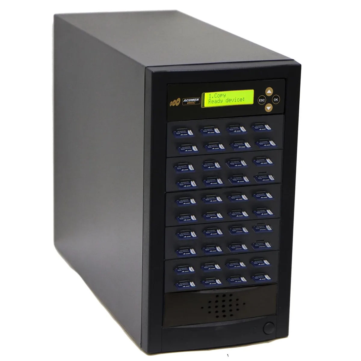 Rectangular black tower duplicator with 39 SD card slots and LCD display