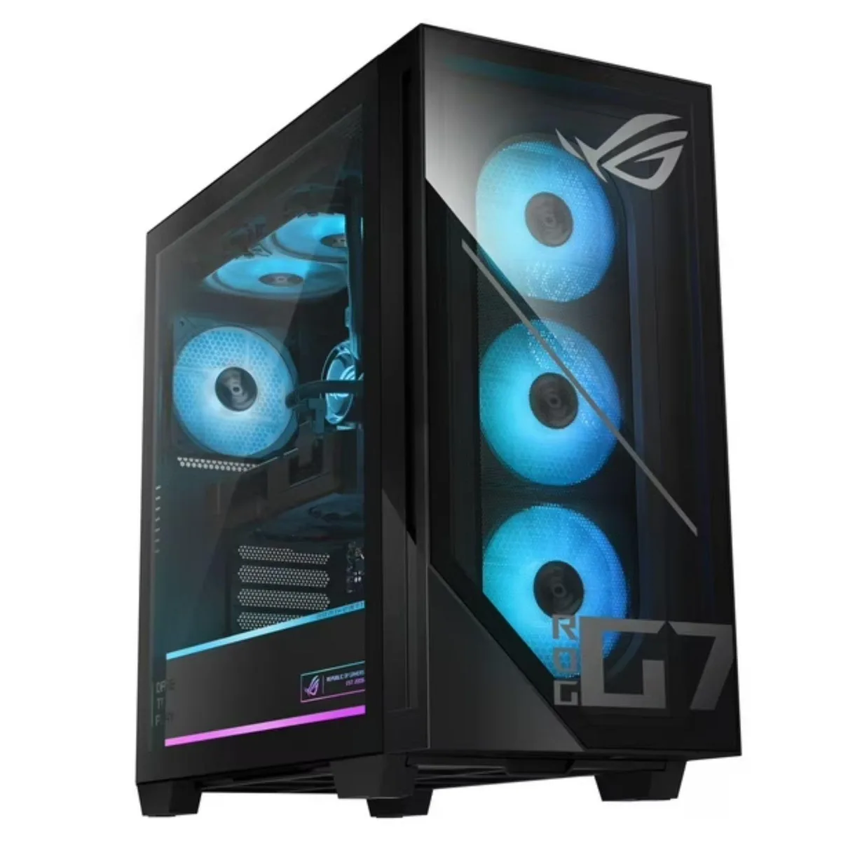 Black rectangular tower with mesh front panel and ROG logo