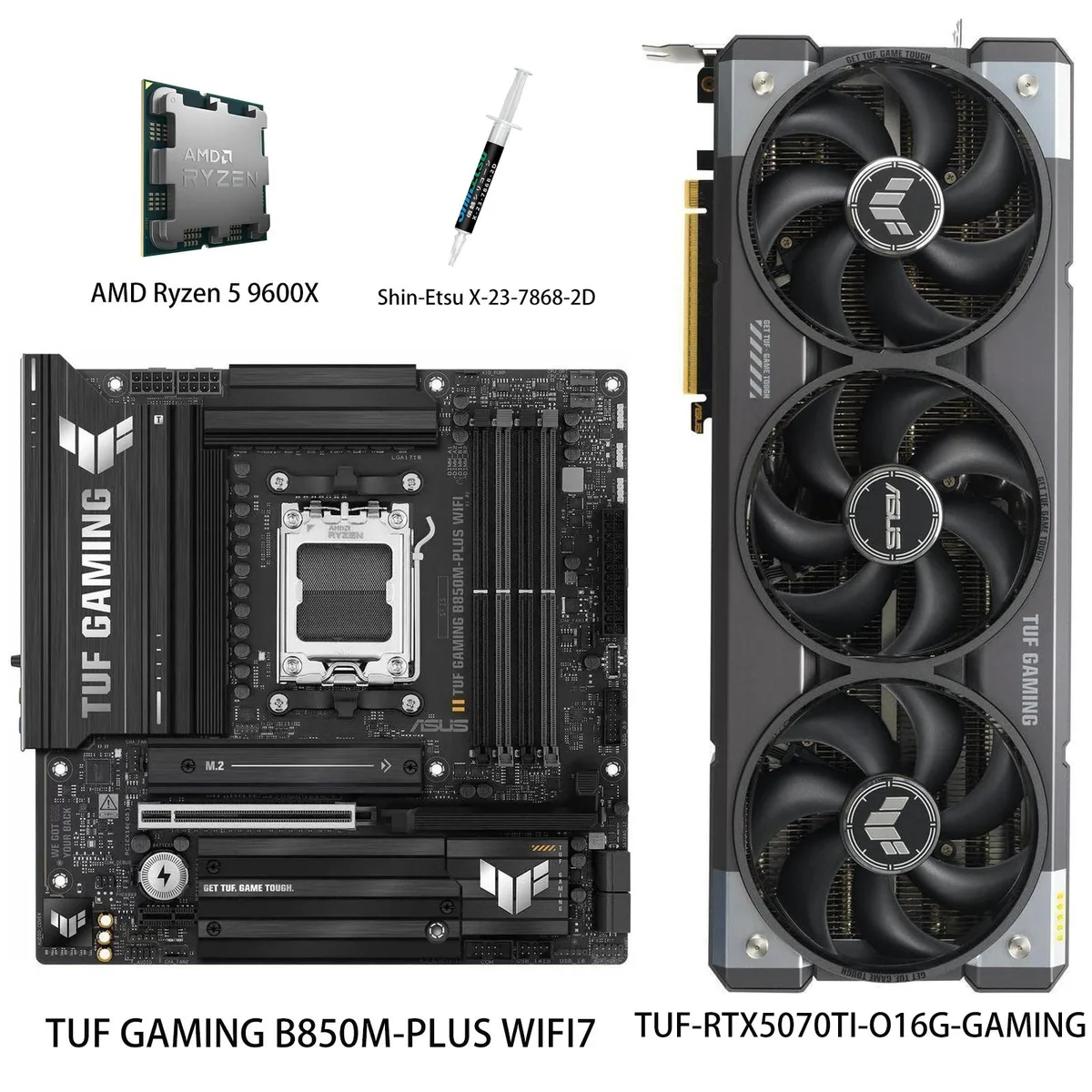 Black TUF Gaming RTX 5070 Ti graphics card, triple-fan cooler, matte finish