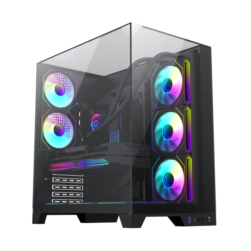 Black mid-tower ATX case with three tempered glass panels and metal right side