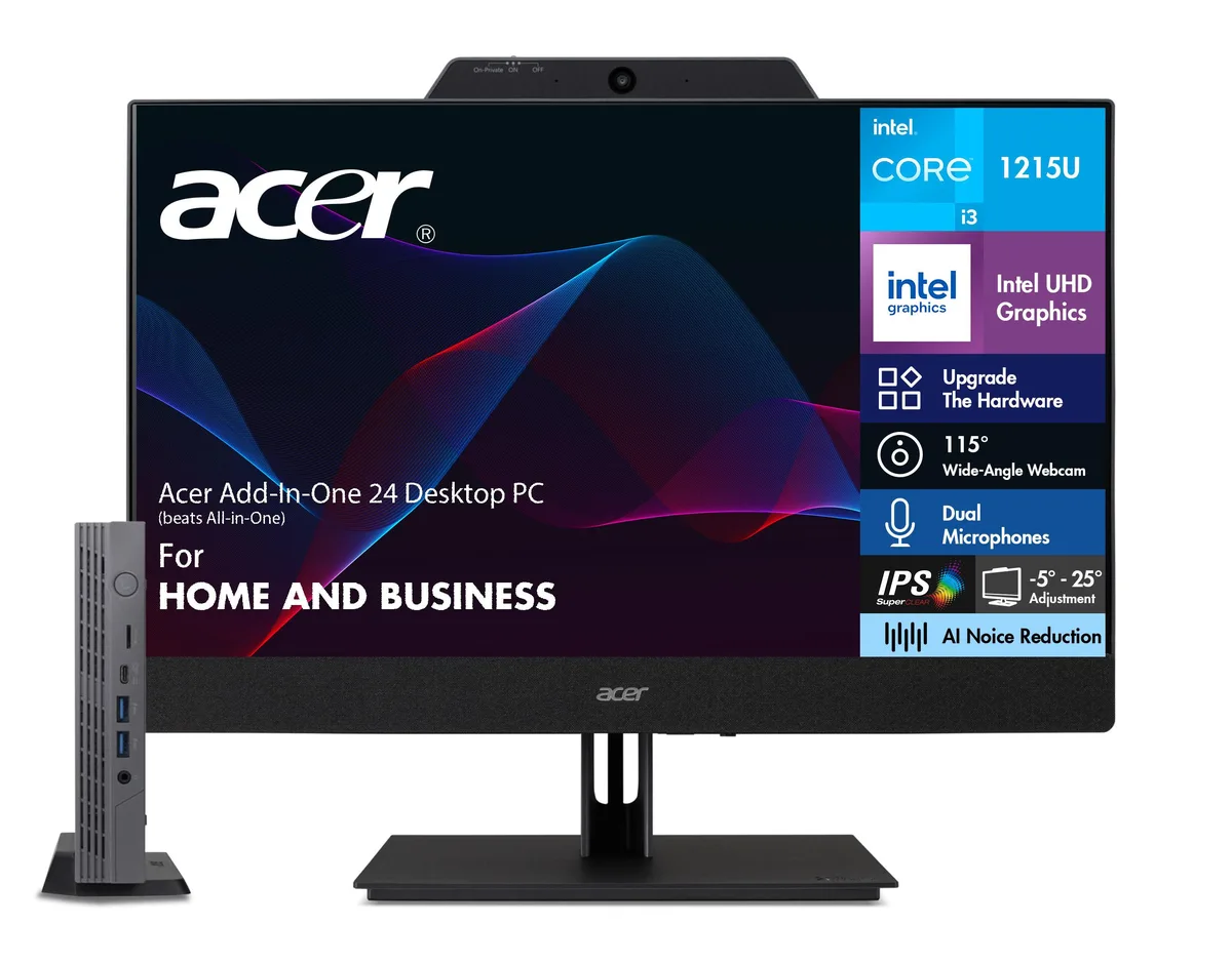 Acer Add-in-One 24 with 23.8 inch IPS monitor and tiny gray Chromebox CX15 module attached