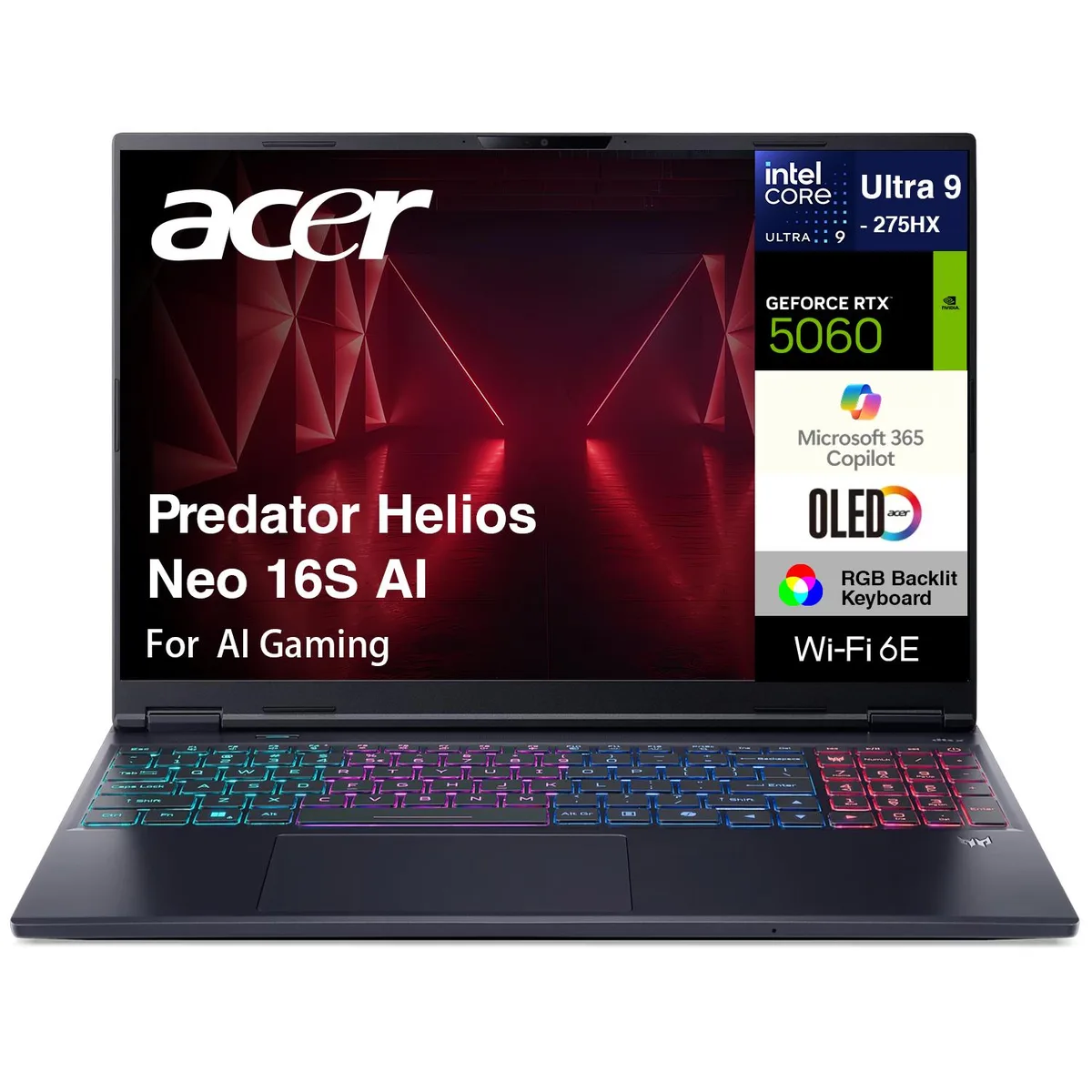 Black Acer Predator Helios Neo 16S AI laptop with 16.0 inch OLED screen and RGB keyboard