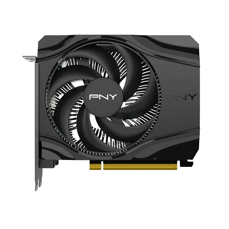 Black single-fan graphics card with silver shroud and two-slot metal bracket