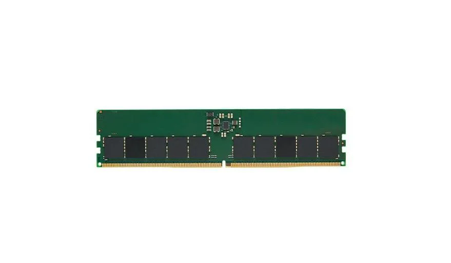 Green rectangular DDR5 memory module with black heatspreader and gold contacts