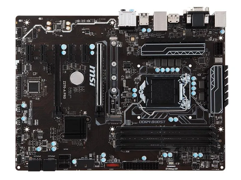 Rectangular ATX motherboard in matte black with silver heatsinks and blue accents