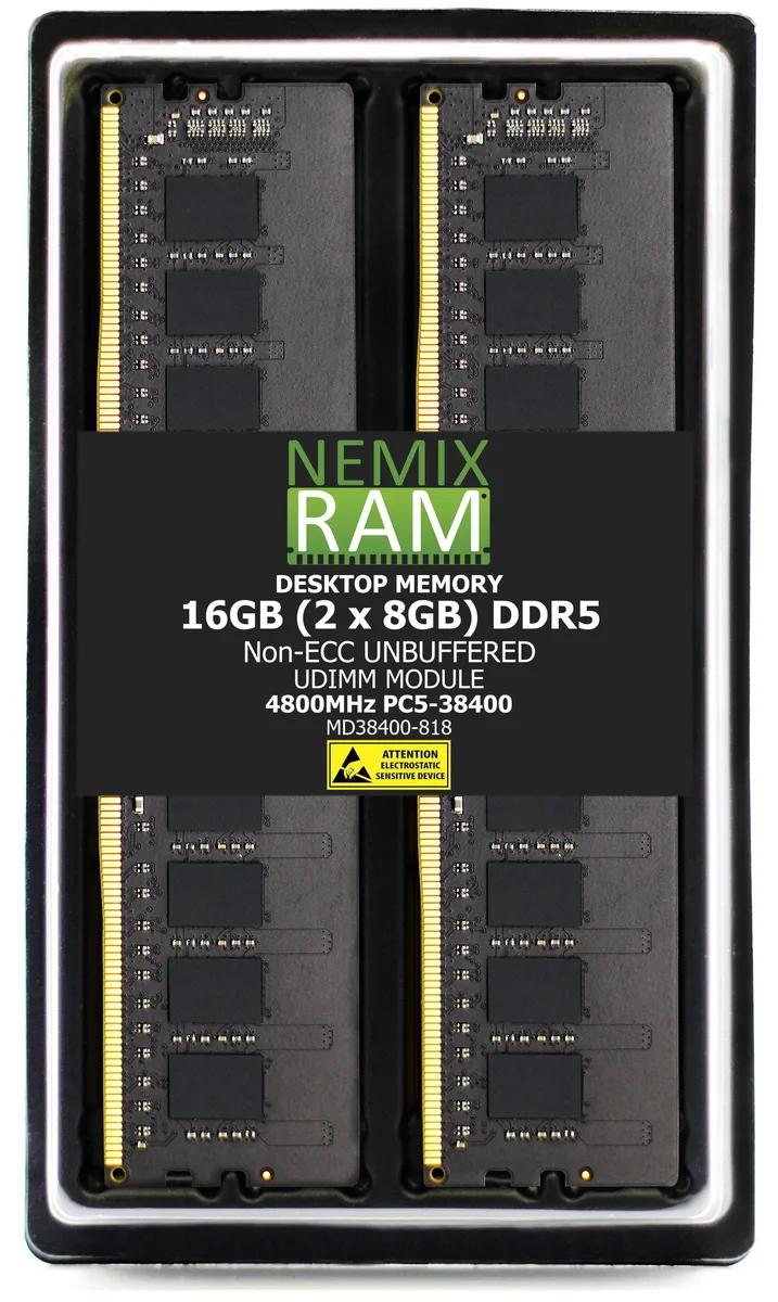Two green DDR5 memory sticks with black chips and gold contacts