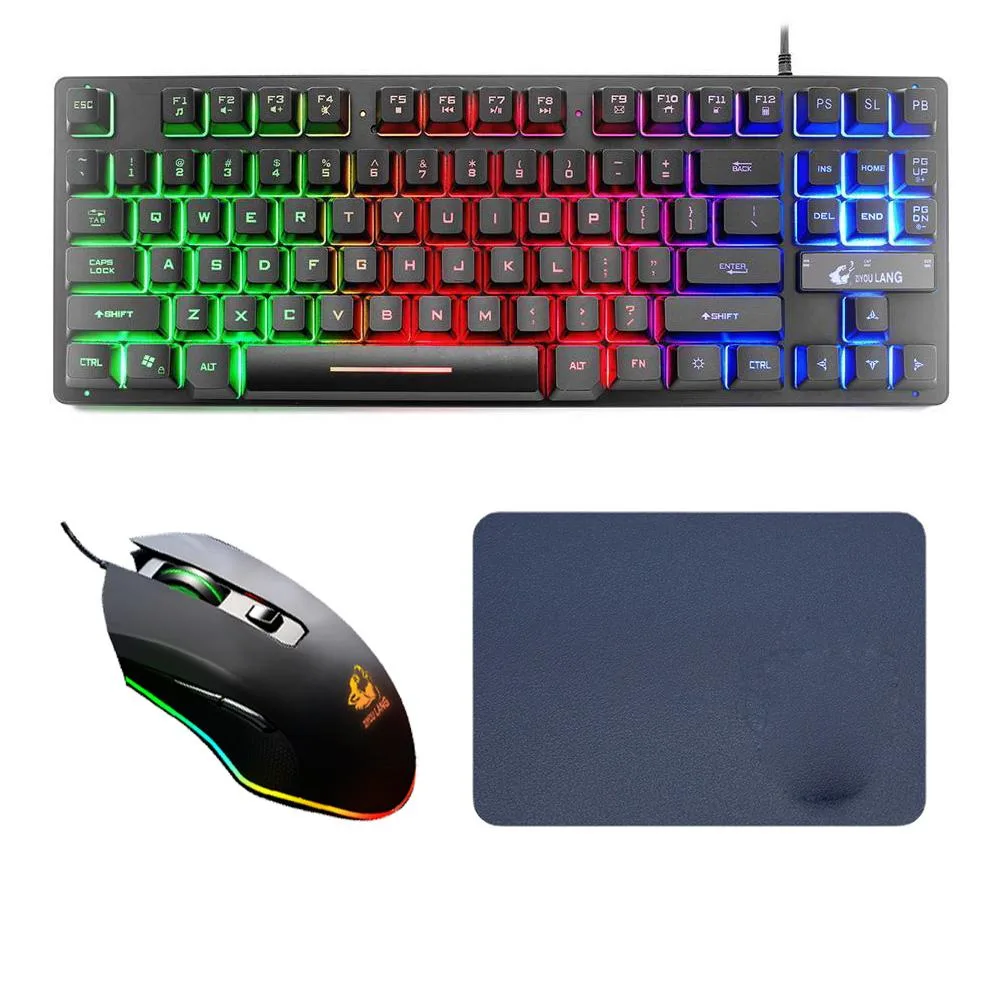 Black 87-key wired keyboard with rainbow backlight, wired mouse, cloth mouse pad
