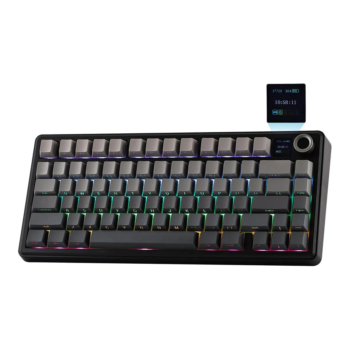 Compact 75 percent wireless mechanical keyboard in black gradient plastic with a TFT screen and rotary knob on the top right