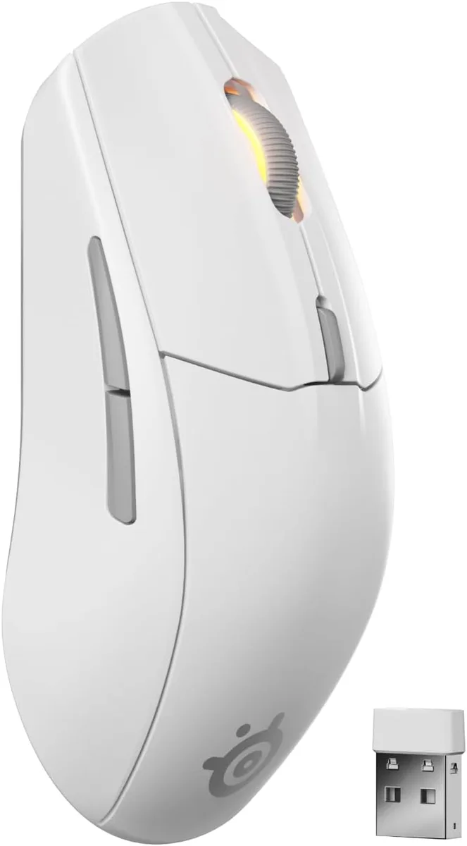 White gaming mouse with ergonomic shape and seven buttons