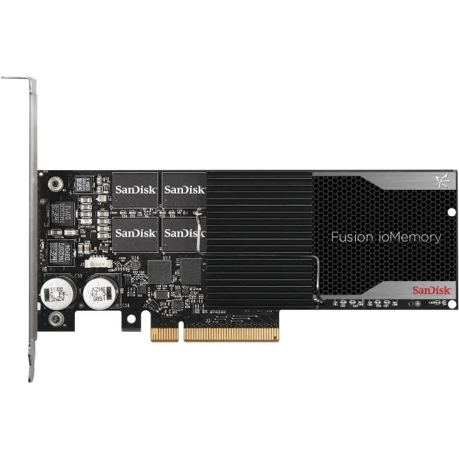 Green rectangular PCIe add-in card with gold edge connector and silver bracket, labeled SanDisk Fusion ioMemory SX350-3200 3.2TB