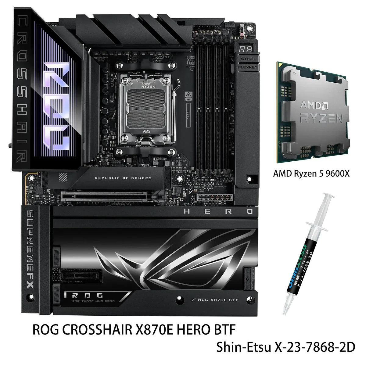 ASUS ASUS ROG CROSSHAIR X870E HERO BTF AMD motherboard & Ryzen 5 9600X CPU combo — product photo